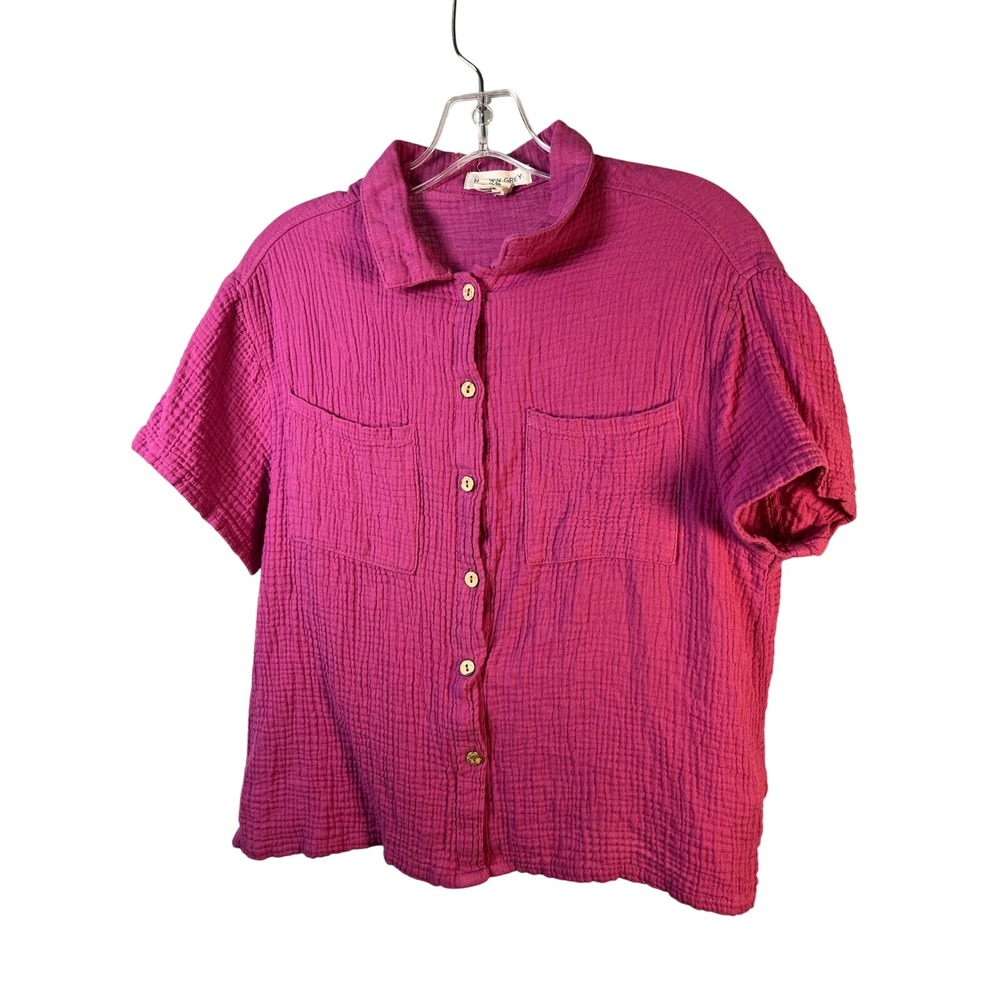 Happily Grey Pink Gauze Button Down Short Sleeve Shirt Top Women's S